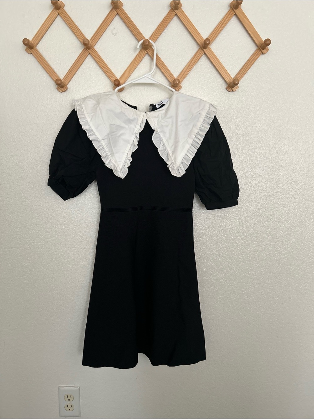 Zara Black Dress with White Ruffled Collar and Puff Sleeves